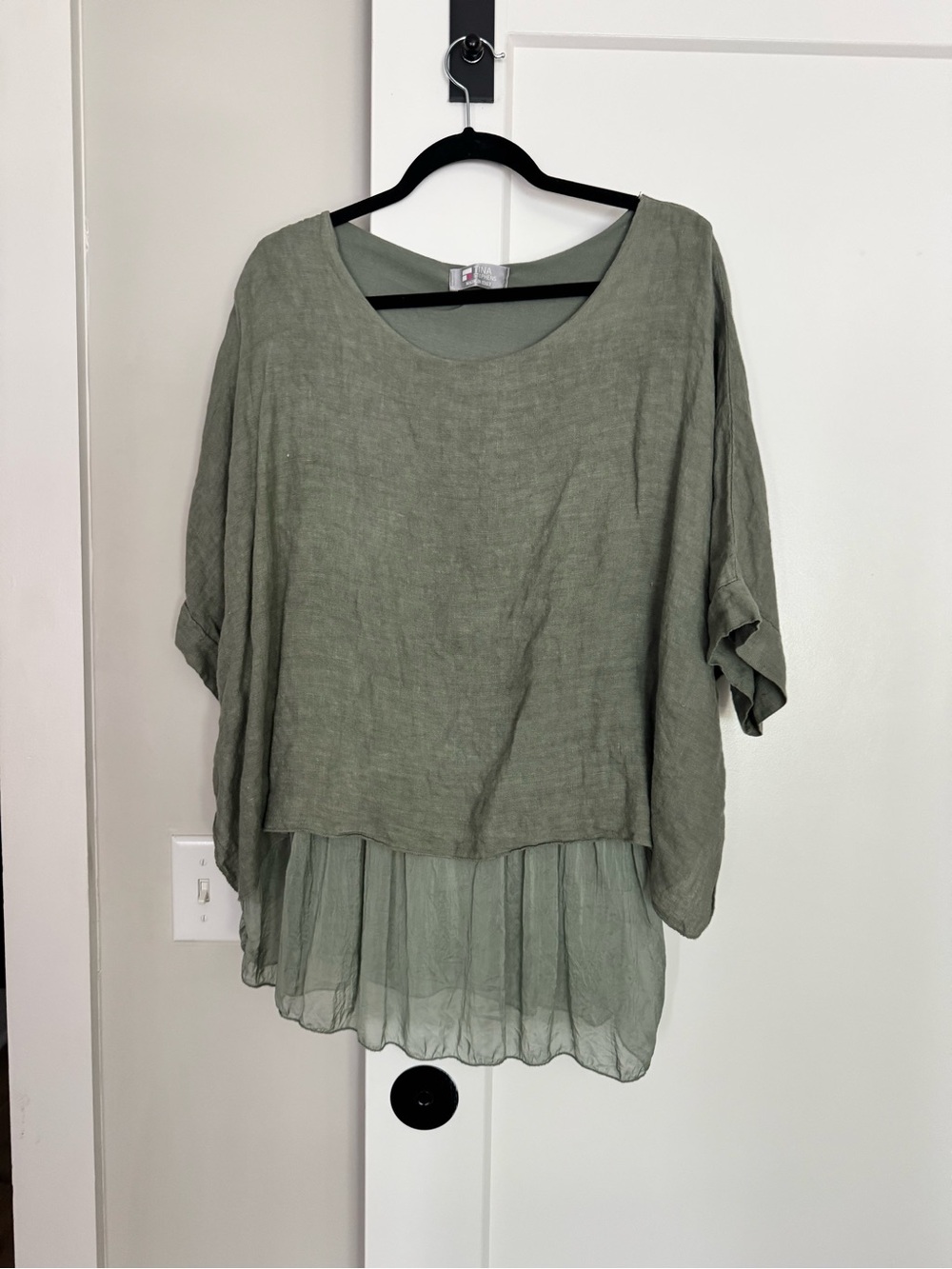TINA STEPHENS.    Lightweight Sage Green Layered Linen-Blend Women's Top